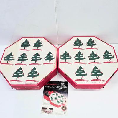 LOT 169: Two Vintage Wreath Storage Boxes, W/Two Artificial Wreaths & One Red Hanger. Boxes Store Up to 27" W x 6 1/2" H x...