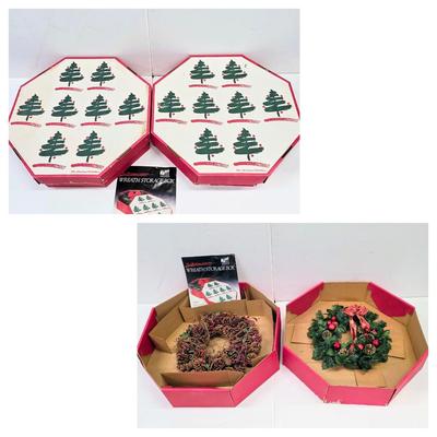 LOT 169: Two Vintage Wreath Storage Boxes, W/Two Artificial Wreaths & One Red Hanger. Boxes Store Up to 27" W x 6 1/2" H x...