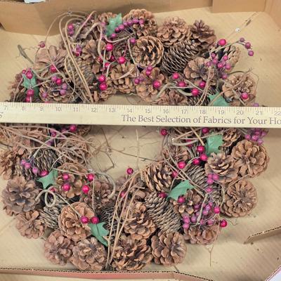 LOT 169: Two Vintage Wreath Storage Boxes, W/Two Artificial Wreaths & One Red Hanger. Boxes Store Up to 27" W x 6 1/2" H x...