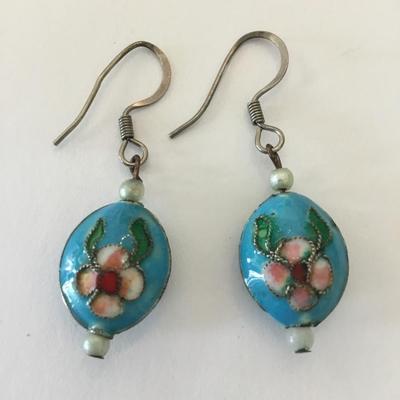Vintage cloisonné Blue flower, dangle earrings