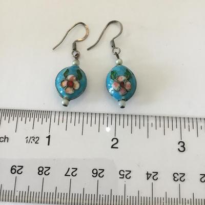 Vintage cloisonné Blue flower, dangle earrings