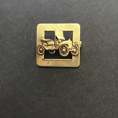 Vintage, gold tone, lapel pin antique convertible, car