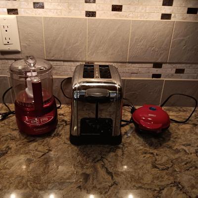 MINI WAFFLE MAKER, FOOD CHOPPER AND A TWO SLICE TOASTER