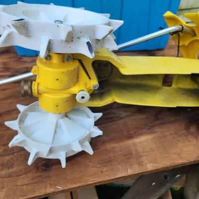 Nelson "Rain Train" Metal Tractor Traveling Lawn Yard Sprinkler Yellow