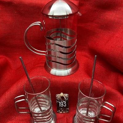 Sale Photo Thumbnail #640: NEW in box, with 2 spoons
Wave pattern
Glasses are 5.5 inches tall, coffee press is 9 inches tall