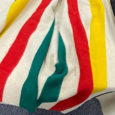 Sale Photo Thumbnail #641: Stripes historically indicated value of blanket.
Colors reflect distinguishing characteristics of the park
Slight tear on the edge binding, easily repaired
66 inches x 90 inches 
There are a few stains, dry cleaning will give you a beautiful blanket