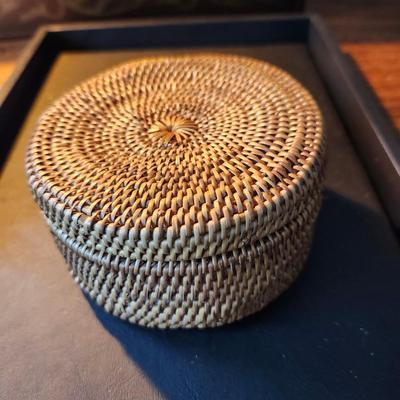 Sale Photo Thumbnail #647: Made with cane which is difficult to weave with, there is some sight aging of the cane.
It has very fine detail work, probably woven by a master basket weaver.  
Retail $75