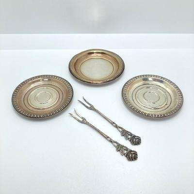 LOT 70: Collection of Sterling Silver and More - Forks, Mother of Pearl Serving Utensils, Wm Rogers and La Pierre Coasters