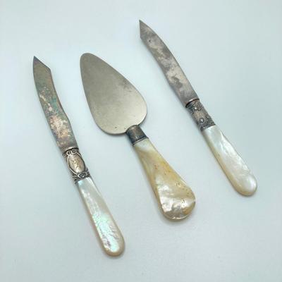 LOT 70: Collection of Sterling Silver and More - Forks, Mother of Pearl Serving Utensils, Wm Rogers and La Pierre Coasters