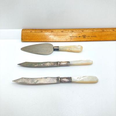 LOT 70: Collection of Sterling Silver and More - Forks, Mother of Pearl Serving Utensils, Wm Rogers and La Pierre Coasters