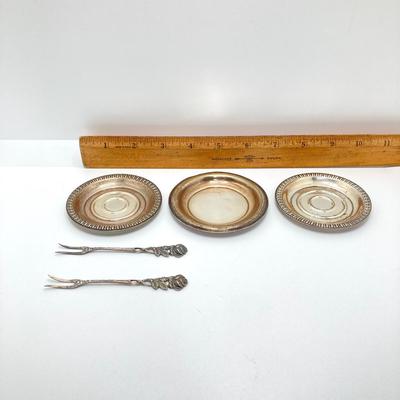 LOT 70: Collection of Sterling Silver and More - Forks, Mother of Pearl Serving Utensils, Wm Rogers and La Pierre Coasters
