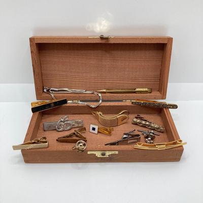 LOT 75: Large Collection of Cuff Links and Tie Bars with Small Wooden Storage Box - Swank, Hickok and More