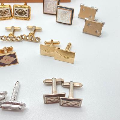 LOT 75: Large Collection of Cuff Links and Tie Bars with Small Wooden Storage Box - Swank, Hickok and More