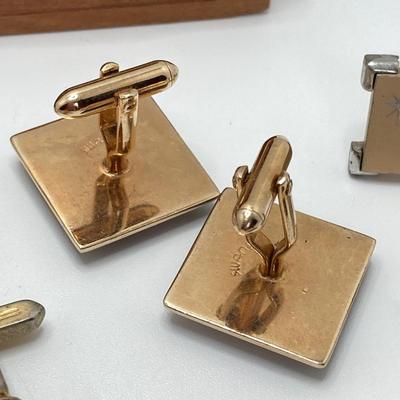 LOT 75: Large Collection of Cuff Links and Tie Bars with Small Wooden Storage Box - Swank, Hickok and More