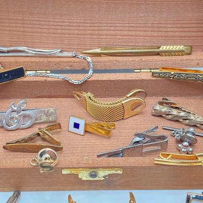 LOT 75: Large Collection of Cuff Links and Tie Bars with Small Wooden Storage Box - Swank, Hickok and More