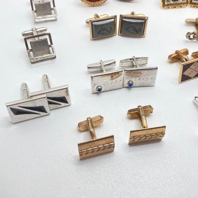 LOT 75: Large Collection of Cuff Links and Tie Bars with Small Wooden Storage Box - Swank, Hickok and More
