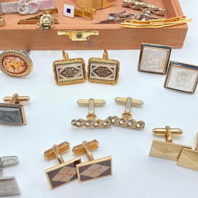 LOT 75: Large Collection of Cuff Links and Tie Bars with Small Wooden Storage Box - Swank, Hickok and More