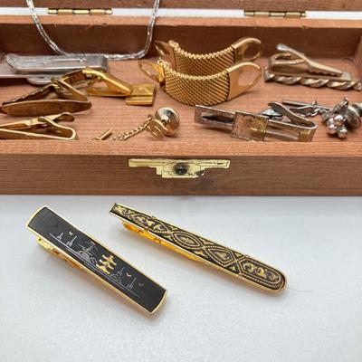 LOT 75: Large Collection of Cuff Links and Tie Bars with Small Wooden Storage Box - Swank, Hickok and More