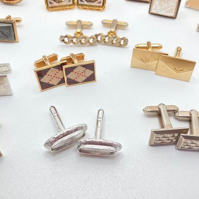 LOT 75: Large Collection of Cuff Links and Tie Bars with Small Wooden Storage Box - Swank, Hickok and More