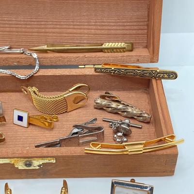LOT 75: Large Collection of Cuff Links and Tie Bars with Small Wooden Storage Box - Swank, Hickok and More