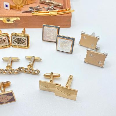 LOT 75: Large Collection of Cuff Links and Tie Bars with Small Wooden Storage Box - Swank, Hickok and More