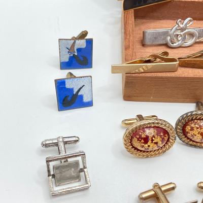 LOT 75: Large Collection of Cuff Links and Tie Bars with Small Wooden Storage Box - Swank, Hickok and More