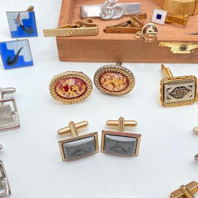 LOT 75: Large Collection of Cuff Links and Tie Bars with Small Wooden Storage Box - Swank, Hickok and More