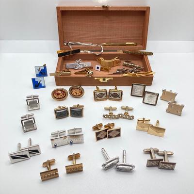 LOT 75: Large Collection of Cuff Links and Tie Bars with Small Wooden Storage Box - Swank, Hickok and More