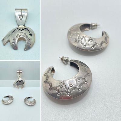 LOT 76: J Y Delgarito Sterling Navajo Lightening Bear Pendant and decorative Pierced Earrings