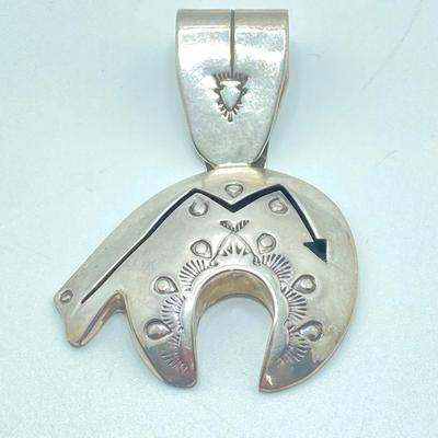 LOT 76: J Y Delgarito Sterling Navajo Lightening Bear Pendant and decorative Pierced Earrings