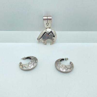 LOT 76: J Y Delgarito Sterling Navajo Lightening Bear Pendant and decorative Pierced Earrings