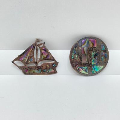 LOT 77: Beautiful Abalone / Shell Sterling Mexico Pendant and Pins