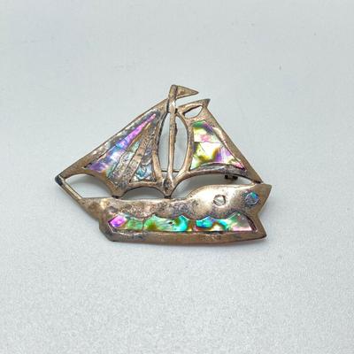 LOT 77: Beautiful Abalone / Shell Sterling Mexico Pendant and Pins
