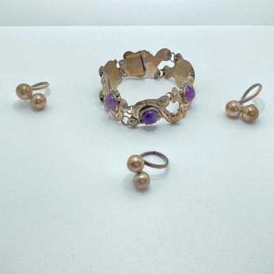 LOT 81: Beautiful Mexican Sterling Amethyst Bracelet with Three Adjustable Sterling Rings