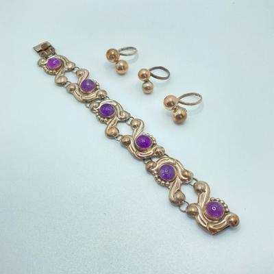 LOT 81: Beautiful Mexican Sterling Amethyst Bracelet with Three Adjustable Sterling Rings