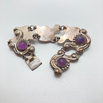 LOT 81: Beautiful Mexican Sterling Amethyst Bracelet with Three Adjustable Sterling Rings