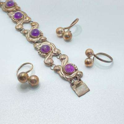 LOT 81: Beautiful Mexican Sterling Amethyst Bracelet with Three Adjustable Sterling Rings