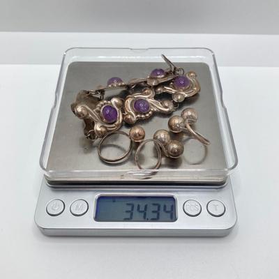 LOT 81: Beautiful Mexican Sterling Amethyst Bracelet with Three Adjustable Sterling Rings