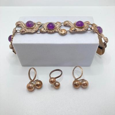 LOT 81: Beautiful Mexican Sterling Amethyst Bracelet with Three Adjustable Sterling Rings
