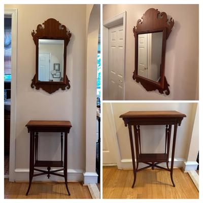 LOT 89: Hand Crafted Wood Framed Mirror along w/a Vintage Side Table