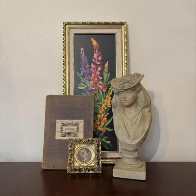 LOT 91: Antique Hand-Crafted Scrapbook, 1991 Alva Studio Victorian Women Sculpture and a Framed Floral Needlework 1978 & More