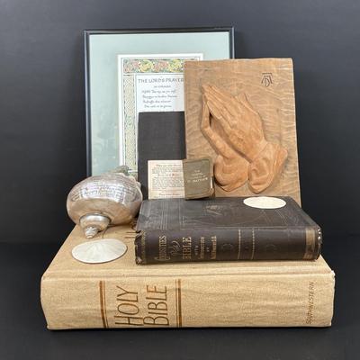 LOT 94: Turbo Marmoratus Shell Carved with The Lord's Prayer, Vintage Curiosities of the Bible Book, Carved Praying Hands Plaque,...