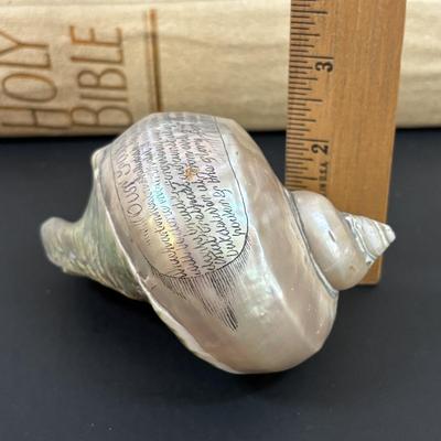 LOT 94: Turbo Marmoratus Shell Carved with The Lord's Prayer, Vintage Curiosities of the Bible Book, Carved Praying Hands Plaque,...