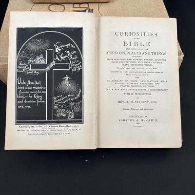 LOT 94: Turbo Marmoratus Shell Carved with The Lord's Prayer, Vintage Curiosities of the Bible Book, Carved Praying Hands Plaque,...