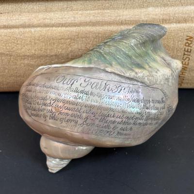 LOT 94: Turbo Marmoratus Shell Carved with The Lord's Prayer, Vintage Curiosities of the Bible Book, Carved Praying Hands Plaque,...