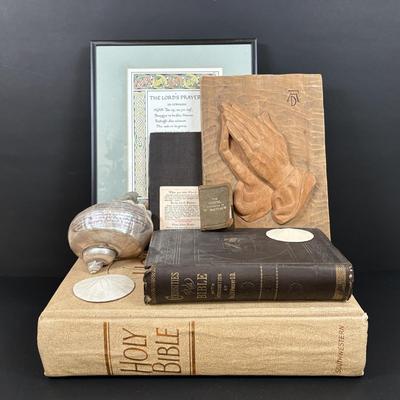 LOT 94: Turbo Marmoratus Shell Carved with The Lord's Prayer, Vintage Curiosities of the Bible Book, Carved Praying Hands Plaque,...