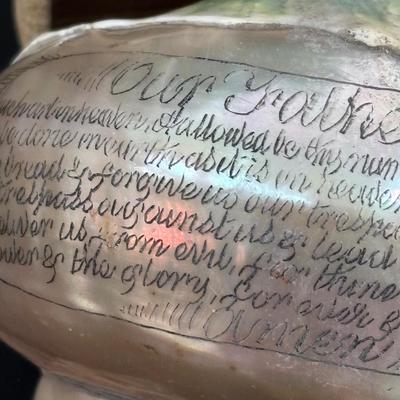 LOT 94: Turbo Marmoratus Shell Carved with The Lord's Prayer, Vintage Curiosities of the Bible Book, Carved Praying Hands Plaque,...