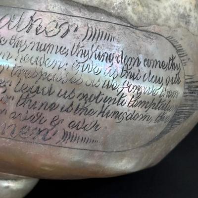 LOT 94: Turbo Marmoratus Shell Carved with The Lord's Prayer, Vintage Curiosities of the Bible Book, Carved Praying Hands Plaque,...