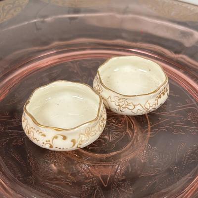 LOT 95: Pink Depression Glass, Belleek Salt Dishes, M&Z Austria Covered Serving Bowls, RC Mon Bijou Dessert Plates & More