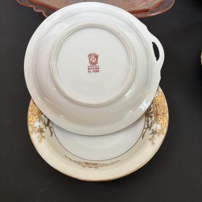 LOT 95: Pink Depression Glass, Belleek Salt Dishes, M&Z Austria Covered Serving Bowls, RC Mon Bijou Dessert Plates & More